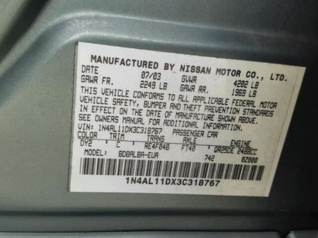 1N4AL11DX3C318767 - 2003 NISSAN ALTIMA BAS GREEN photo 10