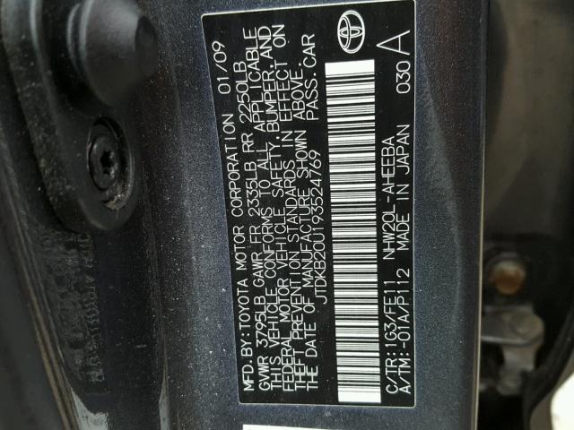 JTDKB20U193524769 - 2009 TOYOTA PRIUS GRAY photo 10