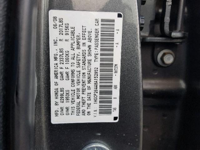 1HGCP26448A152952 - 2008 HONDA ACCORD LXP GRAY photo 10