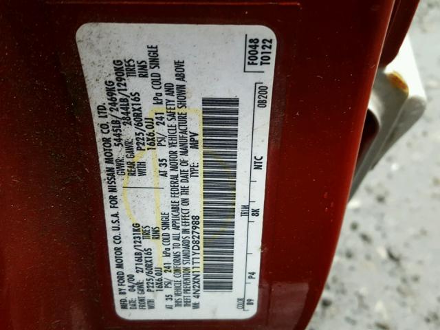 4N2XN11T1YD827988 - 2000 NISSAN QUEST SE RED photo 10