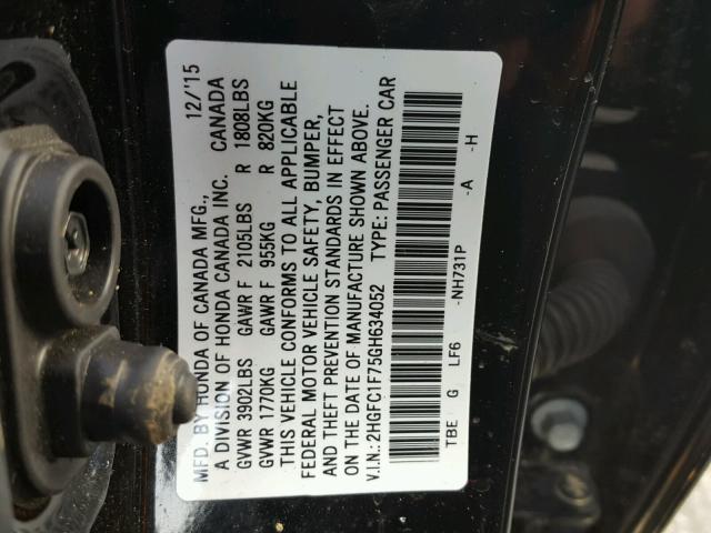 2HGFC1F75GH634052 - 2016 HONDA CIVIC EXL BLACK photo 10