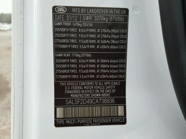 SALSF2D49CA738936 - 2012 LAND ROVER RANGE ROVE WHITE photo 10