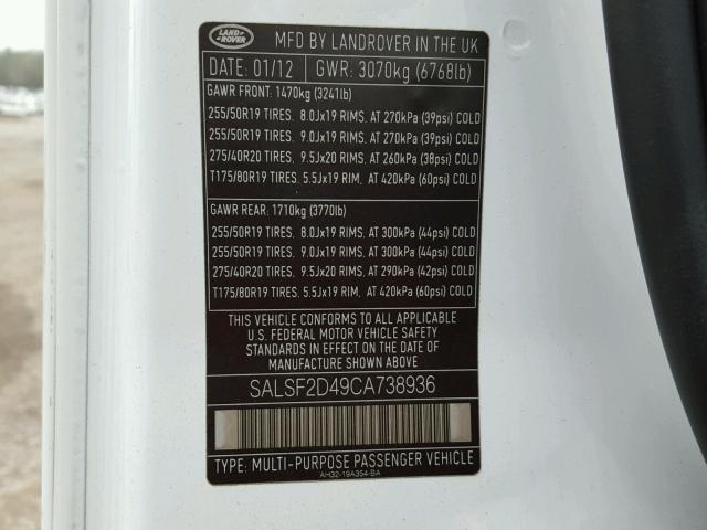 SALSF2D49CA738936 - 2012 LAND ROVER RANGE ROVE WHITE photo 10