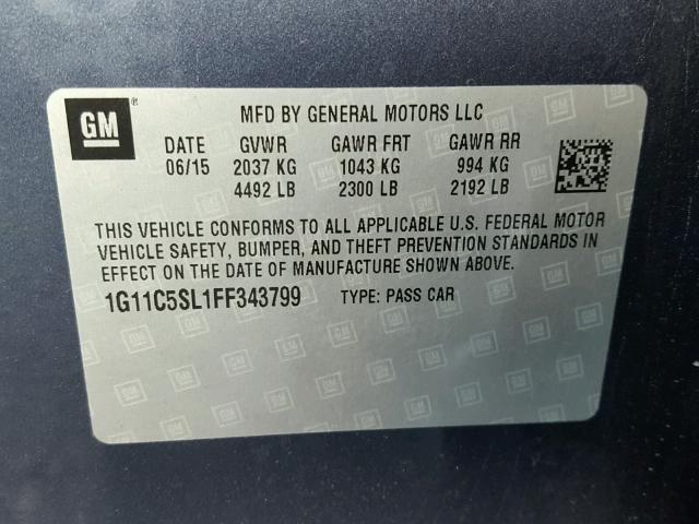 1G11C5SL1FF343799 - 2015 CHEVROLET MALIBU 1LT 蓝色 照片 10