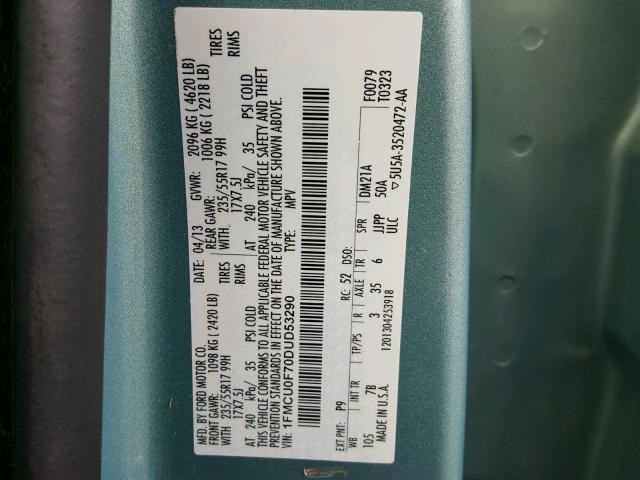 1FMCU0F70DUD53290 - 2013 FORD ESCAPE S BLUE photo 10