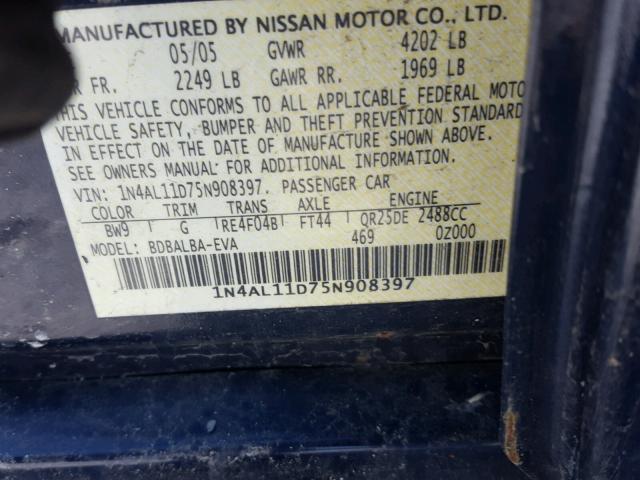 1N4AL11D75N908397 - 2005 NISSAN ALTIMA S BLUE photo 10