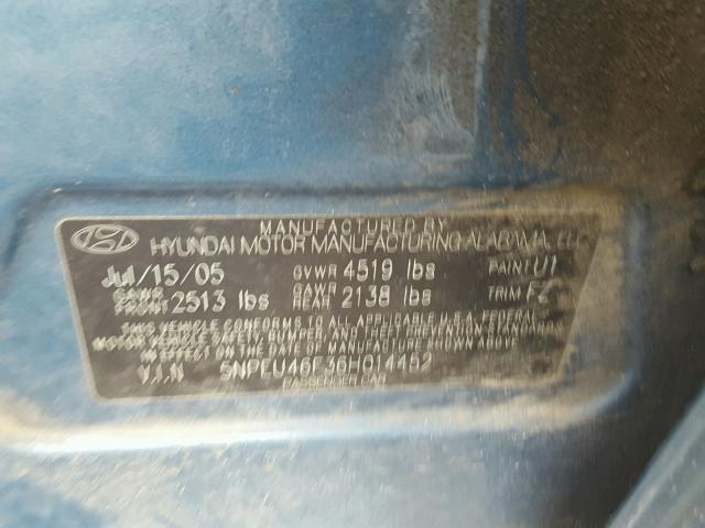 5NPEU46F36H014452 - 2006 HYUNDAI SONATA GLS TEAL photo 10