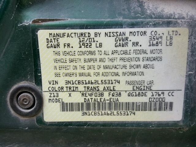 3N1CB51A62L553174 - 2002 NISSAN SENTRA GXE GREEN photo 10