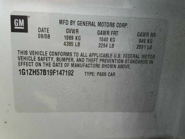 1G1ZH57B19F147192 - 2009 CHEVROLET MALIBU 1LT 银色 照片 10