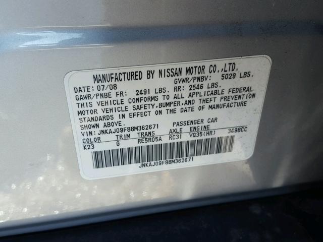 JNKAJ09F88M362671 - 2008 INFINITI EX35 BASE SILVER photo 10