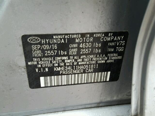 KMHE34L11HA051811 - 2017 HYUNDAI SONATA HYB SILVER photo 10