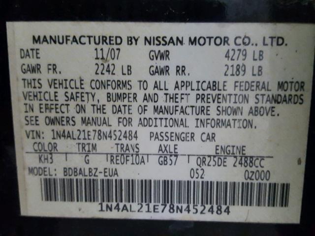 1N4AL21E78N452484 - 2008 NISSAN ALTIMA 2.5 BLACK photo 10