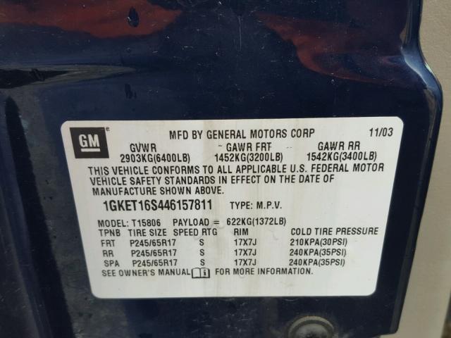 1GKET16S446157811 - 2004 GMC ENVOY XL BLUE photo 10