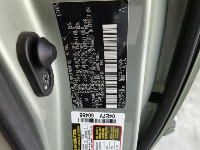 5TDZK22C07S048710 - 2007 TOYOTA SIENNA XLE GREEN photo 10