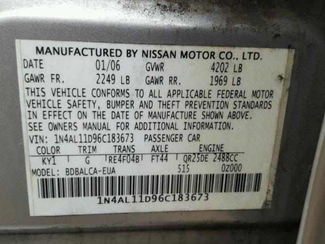 1N4AL11D96C183673 - 2006 NISSAN ALTIMA S SILVER photo 10