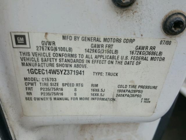 1GCEC14W5YZ371941 - 2000 CHEVROLET SILVERADO WHITE photo 10