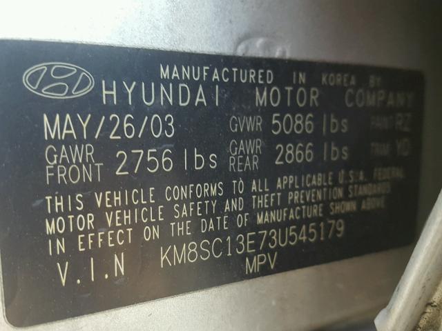 KM8SC13E73U545179 - 2003 HYUNDAI SANTA FE G SILVER photo 10