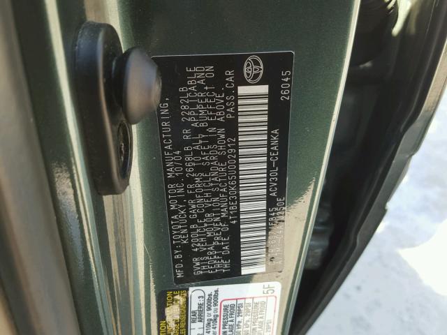 4T1BE30K65U002912 - 2005 TOYOTA CAMRY LE GREEN photo 10