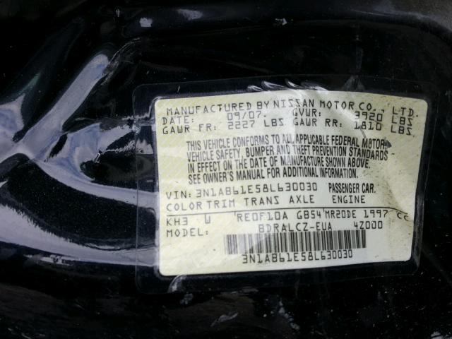 3N1AB61E58L630030 - 2008 NISSAN SENTRA 2.0 BLACK photo 10