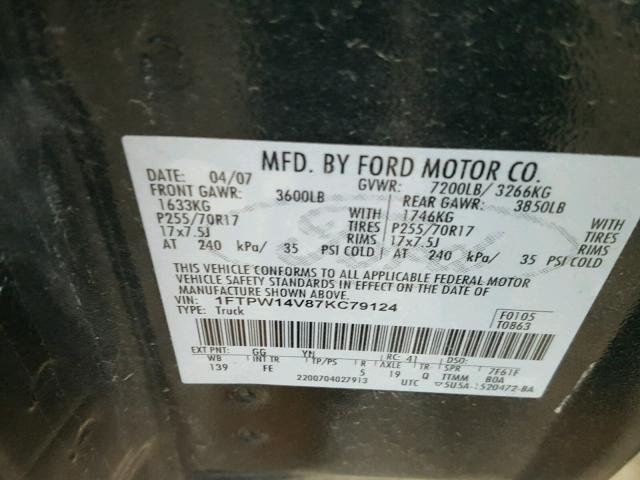 1FTPW14V87KC79124 - 2007 FORD F150 SUPER GREEN photo 10