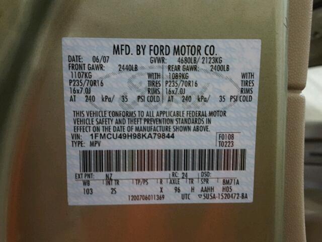 1FMCU49H98KA79844 - 2008 FORD ESCAPE HEV GREEN photo 10