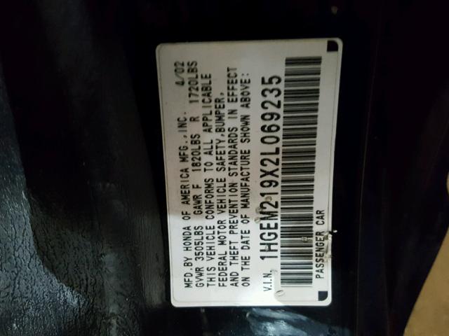 1HGEM219X2L069235 - 2002 HONDA CIVIC EX შავი ფოტო 10