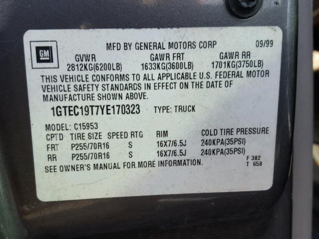 1GTEC19T7YE170323 - 2000 GMC NEW SIERRA GRAY photo 10