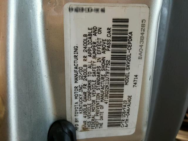 4T1BG22K11U797752 - 2001 TOYOTA CAMRY CE SILVER photo 10