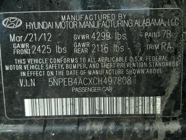 5NPEB4ACXCH497808 - 2012 HYUNDAI SONATA GLS BLACK photo 10