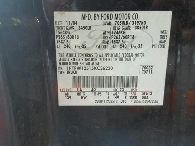 1FTPW12515KC36230 - 2005 FORD F150 SUPER BLACK photo 10