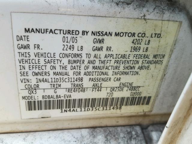 1N4AL11D35C311498 - 2005 NISSAN ALTIMA S WHITE photo 10