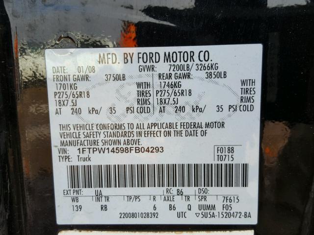 1FTPW14598FB04293 - 2008 FORD F150 SUPER BLACK photo 10