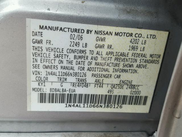 1N4AL11D66N380126 - 2006 NISSAN ALTIMA S SILVER photo 10