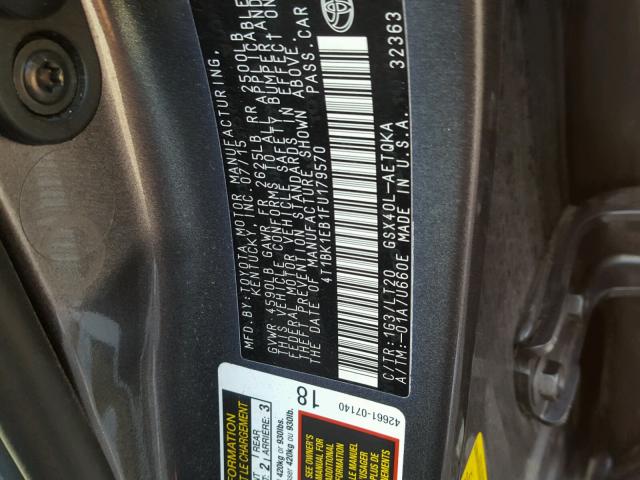 4T1BK1EB1FU179570 - 2015 TOYOTA AVALON XLE 灰色 照片 10