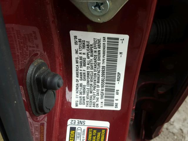 1HGFA16556L099939 - 2006 HONDA CIVIC LX MAROON photo 10