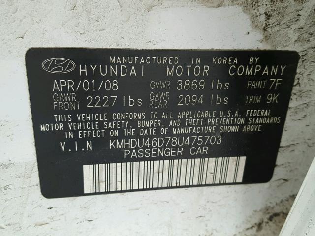 KMHDU46D78U475703 - 2008 HYUNDAI ELANTRA GL WHITE photo 10