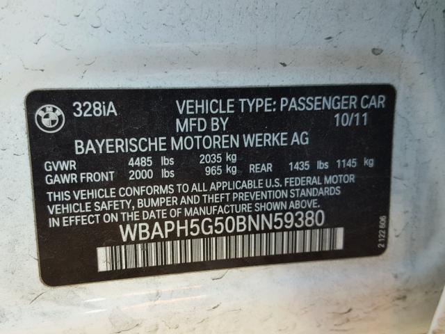 WBAPH5G50BNN59380 - 2011 BMW 328 I SULE WHITE photo 10