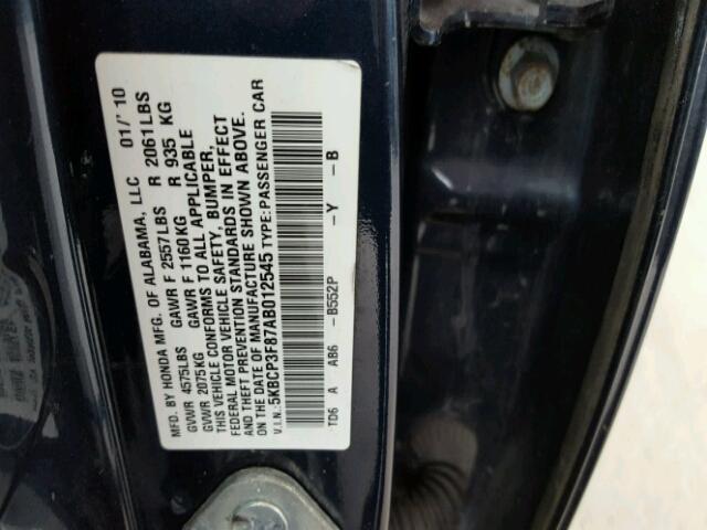 5KBCP3F87AB012545 - 2010 HONDA ACCORD EXL BLUE photo 10