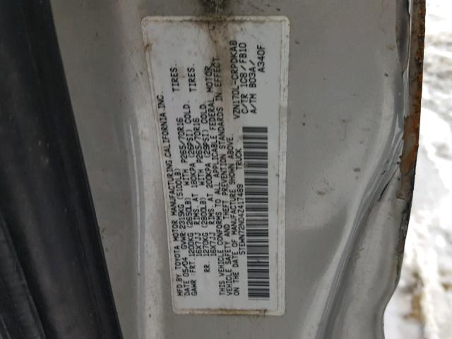 5TEWN72N04Z417489 - 2004 TOYOTA TACOMA XTR GRAY photo 10