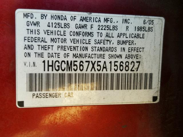 1HGCM567X5A156827 - 2005 HONDA ACCORD EX BURGUNDY photo 10