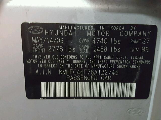 KMHFC46F76A122745 - 2006 HYUNDAI AZERA SE SILVER photo 10