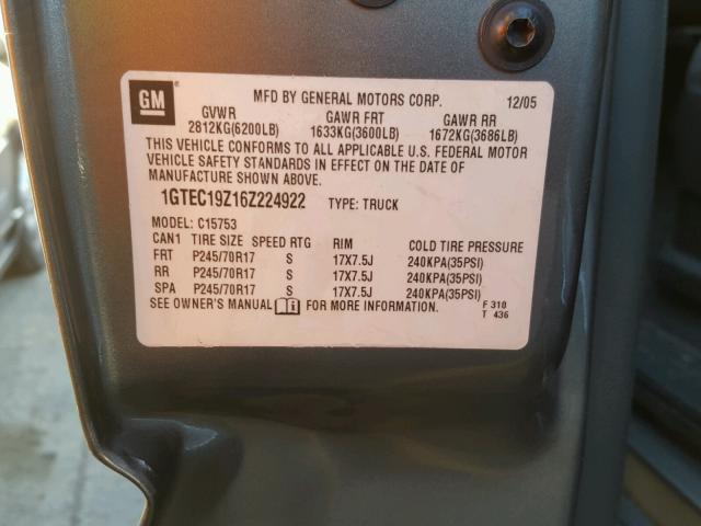 1GTEC19Z16Z224922 - 2006 GMC NEW SIERRA GRAY photo 10