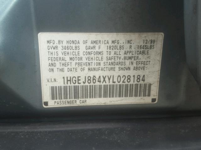 1HGEJ864XYL028184 - 2000 HONDA CIVIC EX მწვანე ფოტო 10