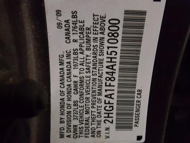 2HGFA1F84AH510800 - 2010 HONDA CIVIC EX ნაცრისფერი ფოტო 10