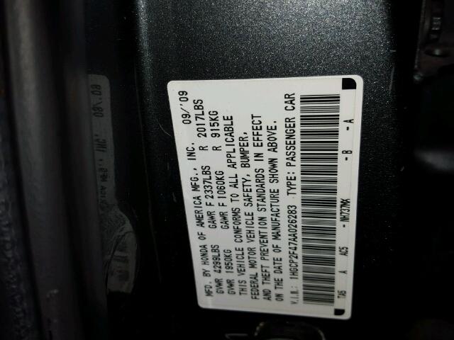 1HGCP2F47AA026283 - 2010 HONDA ACCORD LXP GRAY photo 10