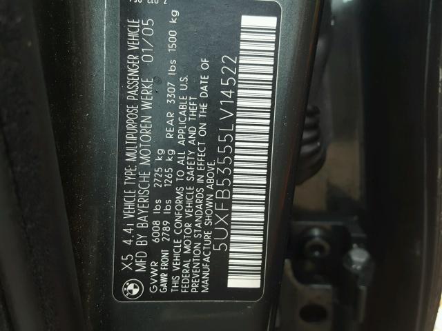 5UXFB53555LV14522 - 2005 BMW X5 4.4I GRAY photo 10