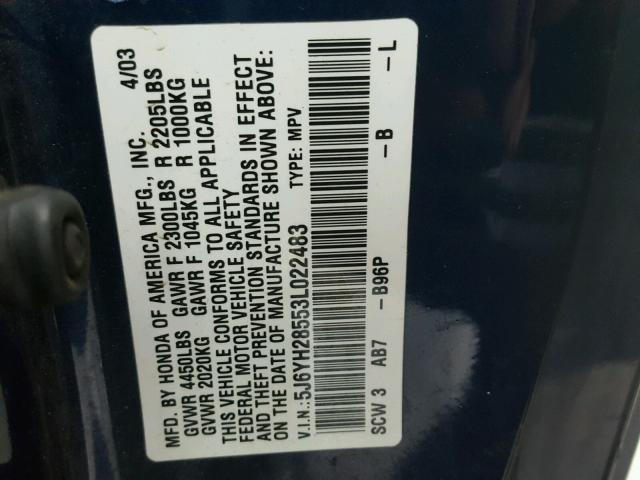 5J6YH28553L022483 - 2003 HONDA ELEMENT EX BLUE photo 10