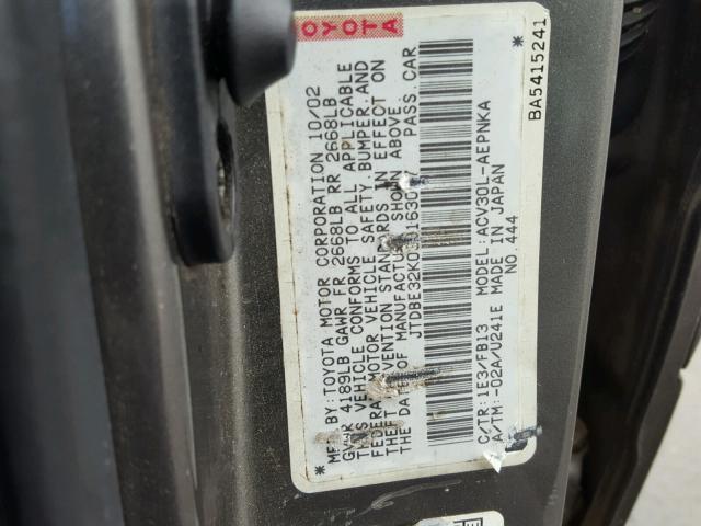 JTDBE32K030163097 - 2003 TOYOTA CAMRY LE GRAY photo 10