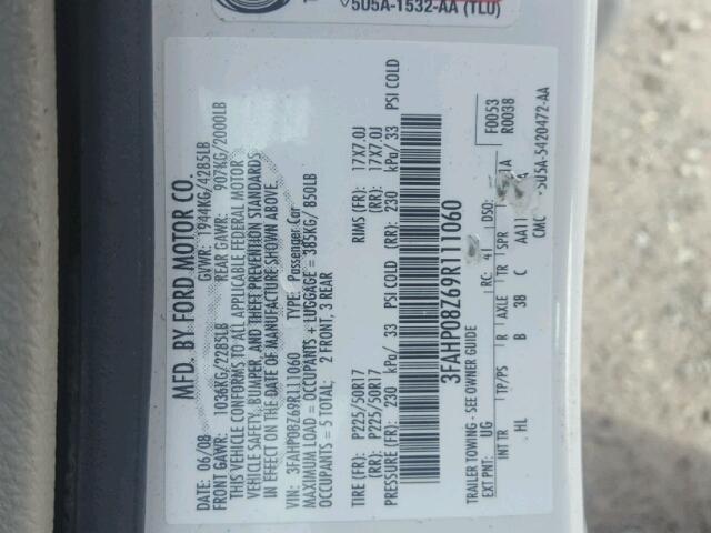 3FAHP08Z69R111060 - 2009 FORD FUSION SEL WHITE photo 10