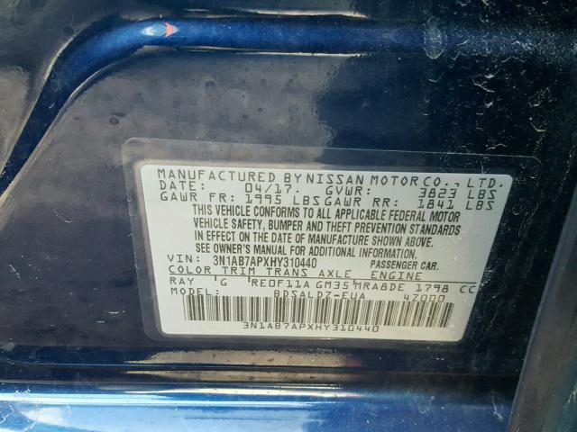 3N1AB7APXHY310440 - 2017 NISSAN SENTRA S BLUE photo 10